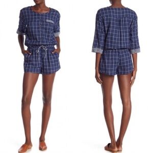 Everly Navy Blue Plaid Romper Drawstring Waist Casual Chic M